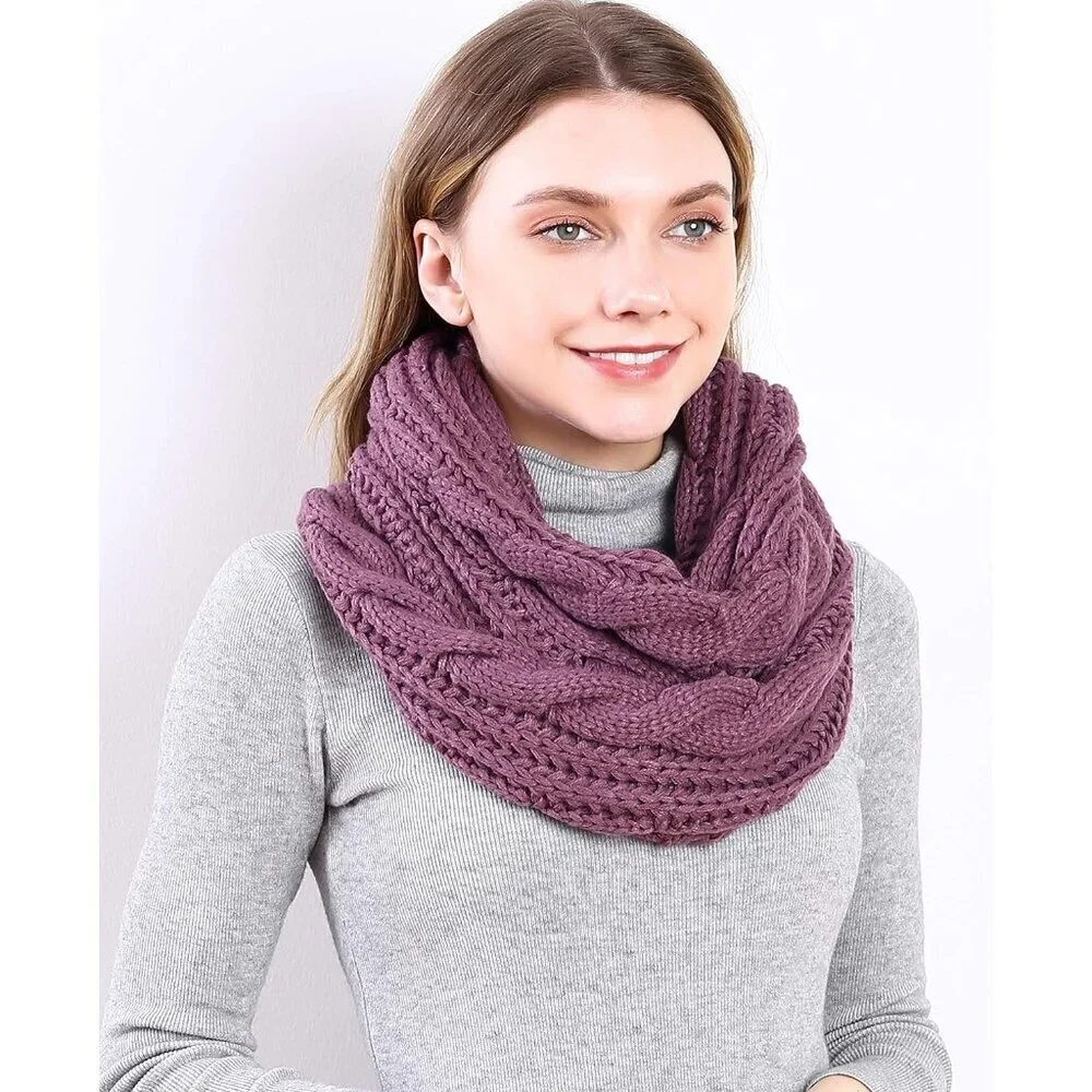 Women's  Twist Grape Purple Thick Ribbed Knit Winter Infinity Circle Loop Scarf